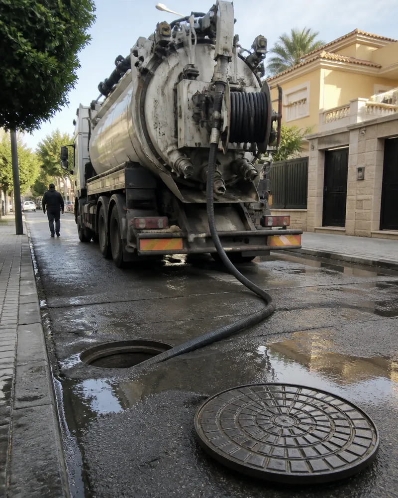 Camión cuba junto a un registro en Valencia, listo para extraer y desatascar